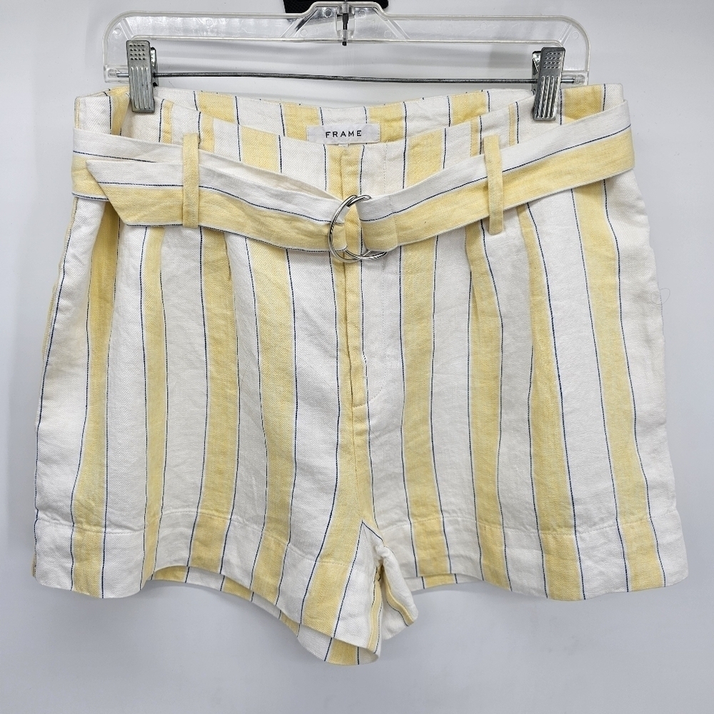 FRAME Women's butter Yellow Haze Striped Belted Linen Breathable  Shorts Size 12